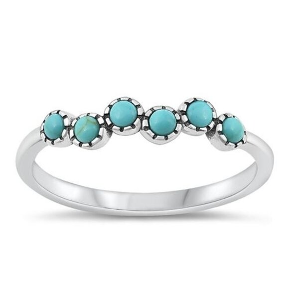 Sterling Silver 925 Dainty Minimalist Round Multi Turquoise Band Ring Sz 4.75 - Picture 1 of 16